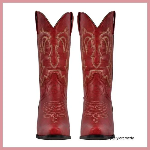 Faux Leather Western Boots with Embroidered Design, Pointed Toe - Picture 5 of 7
